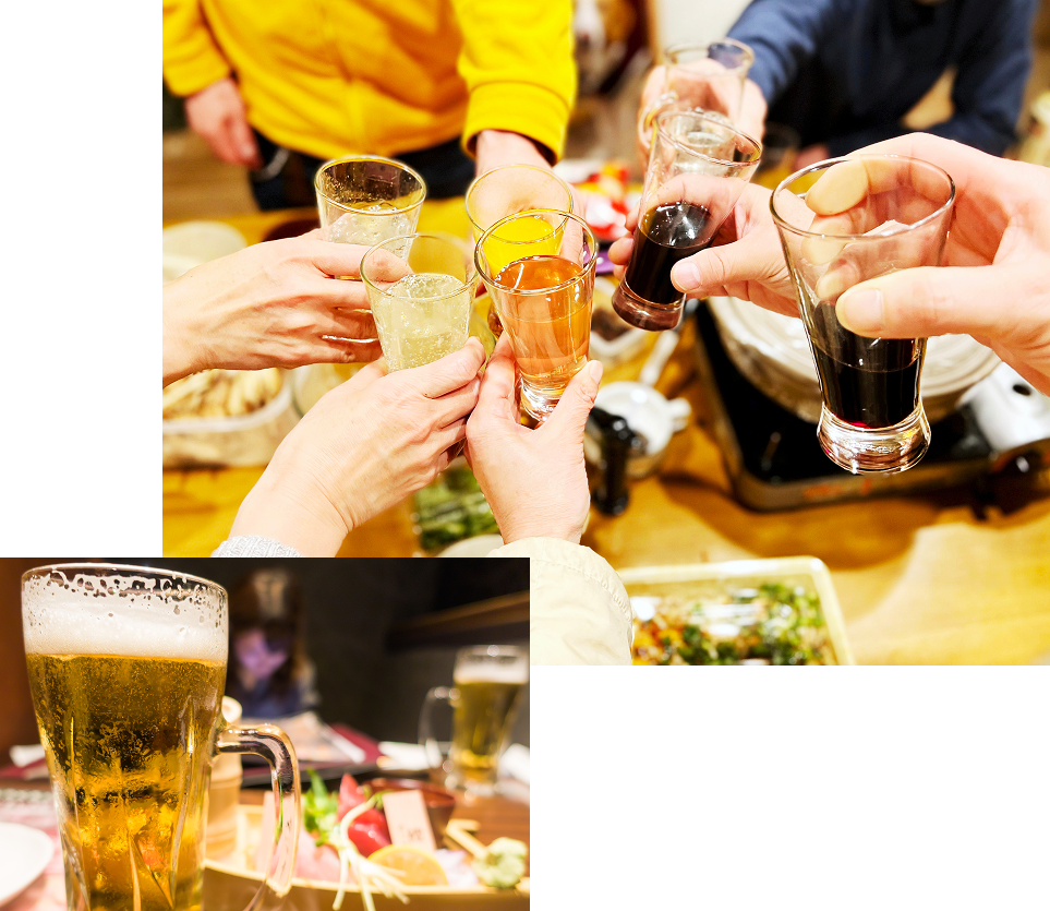 みんなで乾杯している様子とよく冷えた生ビール