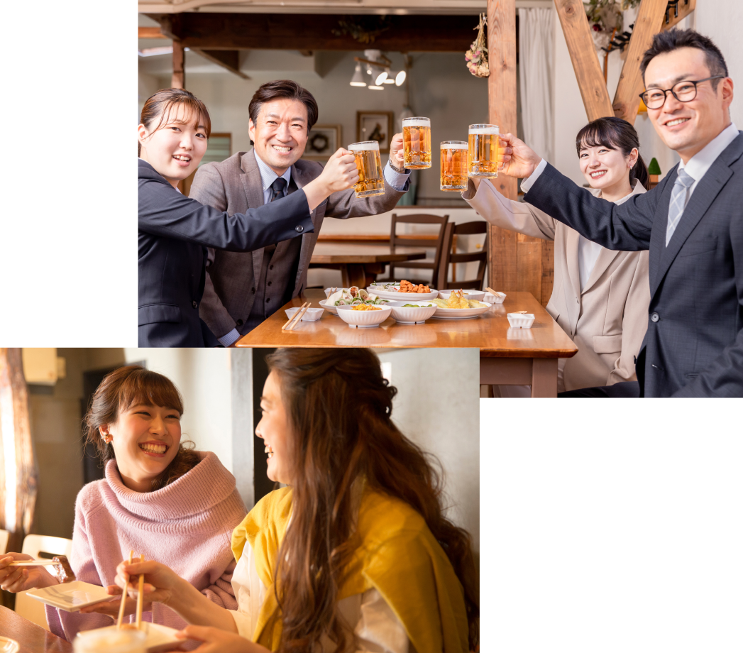 ビールで乾杯する男女のグループと、笑顔で食事を楽しむ女性たちの様子